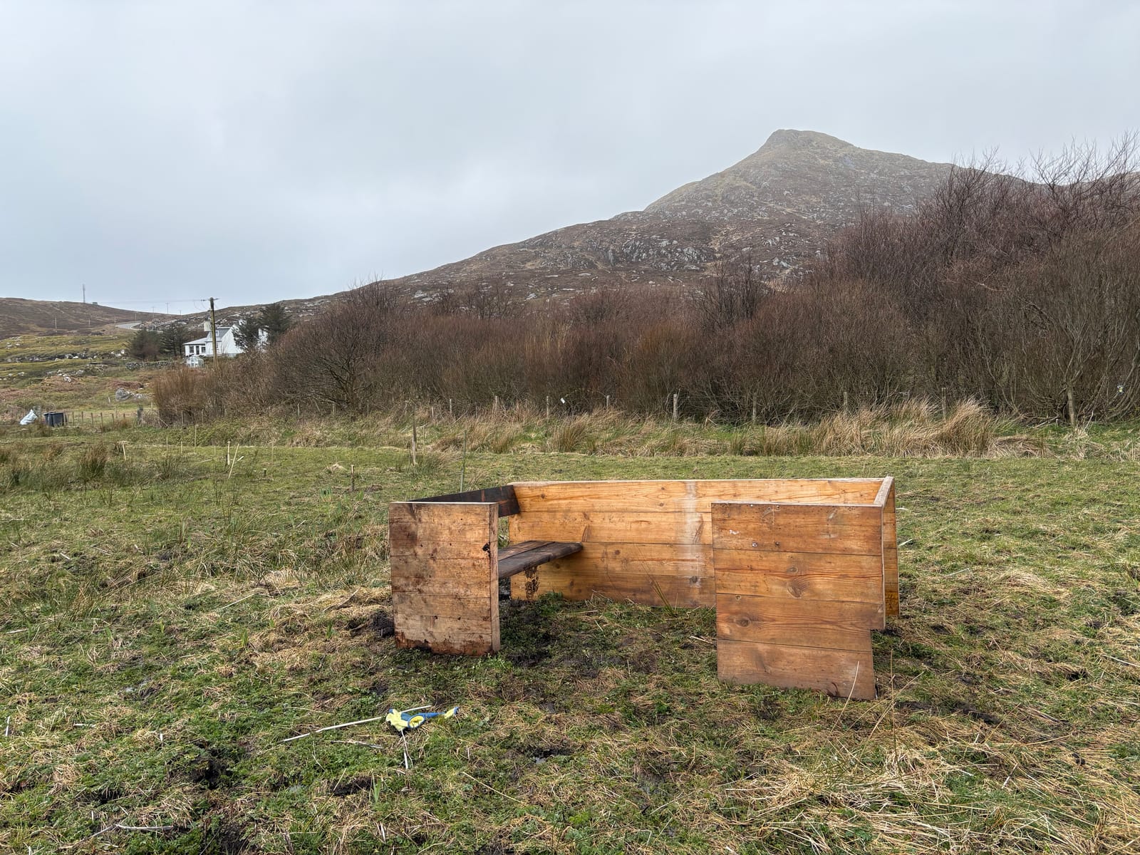The wooden bench in the lower croft, looking out over the water
